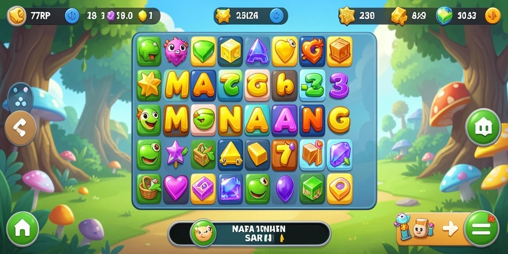 Screenshot utama 77RP menampilkan gameplay Match-3 yang penuh warna.