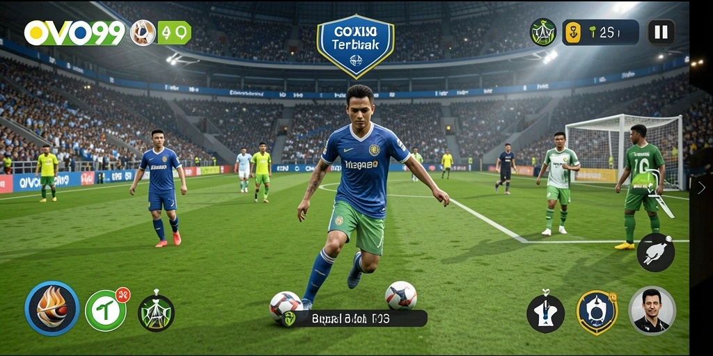 Tangkapan layar utama OVO99 menampilkan aksi seru di lapangan sepak bola.